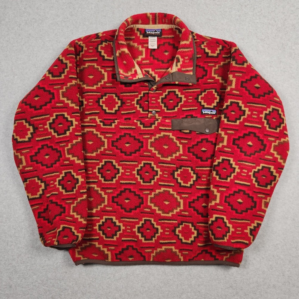 Patagonia Synchilla Mens Small Red Yanaba Molten Lava Aztec Snap T Fleece